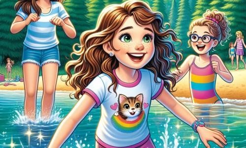 Clara, uma menina de 12 anos, tem cabelos castanhos ondulados e olhos cheios de curiosidade, sorri entusiasticamente enquanto mergulha no lago cristalino, com os braços abertos e o rosto iluminado pela alegria. Ao lado dela, Sofia, outra menina de 12 anos com cabelos cacheados e uma camiseta colorida, ri enquanto respinga água, enquanto Julia, uma menina de 12 anos usando óculos e um maiô listrado, as observa com um sorriso cúmplice, segurando um livro na praia. O lago é cercado por grandes árvores verdes com folhas brilhantes, e o céu é de um azul radiante, salpicado de algumas nuvens brancas e fofas. A cena irradia uma atmosfera de felicidade e amizade, com risadas de crianças ecoando no ar quente do verão. Clara e suas amigas se divertem nadando e brincando, criando respingos de água cintilantes sob o sol radiante.