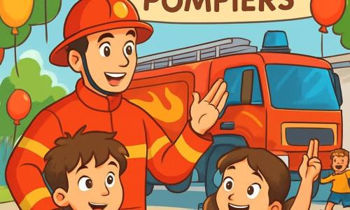 Un pompier, un bărbat în vârstă de treizeci de ani, zâmbitor și entuziast, poartă o uniformă roșie aprinsă cu o cască strălucitoare. Se află în fața unui camion de pompieri strălucitor, cu flăcări stilizate pe lateral, explicând cu pasiune copiilor. Darius, un băiat de 12 ani cu părul castaniu în dezordine, privește cu ochii mari, ținând un mic model de camion de pompieri în mâini. Maria, o fetiță de 10 ani cu codițe, ridică mâna pentru a pune o întrebare, fața ei strălucind de excitație. Scena are loc în curtea unui detașament de pompieri, înconjurată de copaci mari verzi și baloane colorate plutind în aer. Copiii râd și aleargă în jur, în timp ce un mare panou cu inscripția 