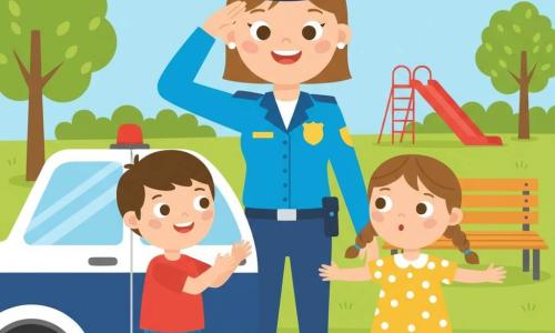 Una mujer policía sonriente y amable con uniforme azul brillante, gorra redonda y placa dorada en el pecho, saluda con la mano derecha mientras abre la puerta de un coche patrulla blanco y azul; a su izquierda aplaude un niño de 6 años de cabello castaño corto con camiseta roja y vaqueros, y delante, sobre un paso de peatones tipo cebra, una niña de 5 años con dos trenzas y vestido amarillo de lunares blancos mira a ambos lados imitando la lección; parque colorido con césped verde, árboles redondeados, banco de madera, tobogán rojo, cielo azul claro y sol sonriente; la policía enseña a cruzar la calle, los niños practican, ambiente alegre y seguro, colores vivos y formas sencillas.