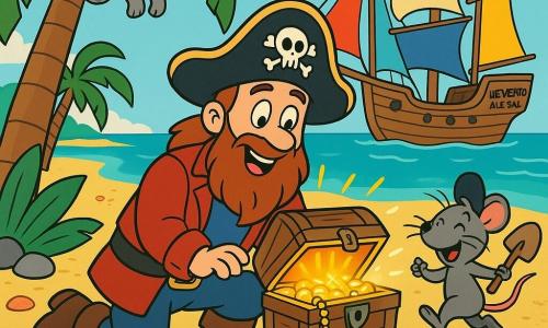 Um homem — o capitão Barba Suave — sorri orgulhoso, barba longa castanha, chapéu de pirata, ajoelhado na areia abrindo um baú antigo de onde sai uma luz dourada e moedas brilhantes; um pequeno rato pirata corre alegremente com uma pá de madeira à direita do capitão; um gato tigrado cinza sobe num tronco de palmeira observando a cena; na praia há areia dourada com conchas, folhas de palmeira, alguns rochedos e o oceano azul-turquesa ao fundo; o navio 
