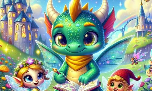 Un pequeño dragón llamado Lumis, con piel verde esmeralda brillante y ojos resplandecientes como estrellas, está en el centro de la imagen, mostrando una expresión de emoción y curiosidad. Lleva una bufanda amarilla que flota suavemente al viento y sostiene un cuaderno mágico abierto, lleno de dibujos coloridos. A su izquierda, su mejor amiga Lila, una pequeña hada con alas translúcidas y brillantes, sonríe alegremente mientras sostiene una varita mágica, rodeada de pequeñas chispas luminosas que bailan a su alrededor. A la derecha, Ferrus, un pequeño gnomo con un sombrero puntiagudo rojo y una barba espesa, mira a Lumis con admiración, sus ojos brillando de alegría. Sostiene una pequeña brújula de oro, listo para explorar nuevas aventuras. El escenario está frente a la majestuosa "Academia de los Sueños", un edificio encantador en una colina, rodeado de suaves nubes y flores coloridas que parecen cantar. Arcos iris se dibujan en el cielo azul, añadiendo un toque de magia. La escena representa el momento en que Lumis y sus amigos se preparan con entusiasmo para su primer día de clase, llenos de emoción y anticipación por las aventuras que les esperan.