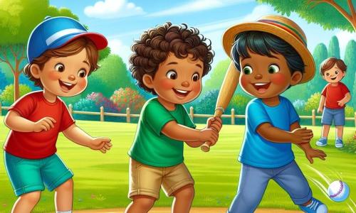 Three boys are playing together in a sunny park. Leo, a 7-year-old with curly hair and fair skin, is wearing a red t-shirt and blue shorts, showing Sam how to kick the ball. Sam, a 6-year-old with dark skin and curly hair, is dressed in a bright blue t-shirt and beige pants, laughing as he tries to kick the ball. Ravi, an 8-year-old with fair skin and straight hair, is wearing a colorful hat and a green t-shirt, standing a bit back, smiling and ready to play. The park is lush with majestic trees and colorful flowers swaying in the wind under a bright blue sky, with the sun shining down. The boys are learning to play ball together, laughing and encouraging each other, showcasing the beauty of friendship and diversity as they enjoy their time in this joyful setting.