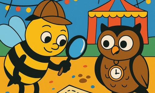 Bram de kleine bij-detective, met een nieuwsgierige blik en een ondeugende glimlach, houdt een vergrootglas in zijn poot terwijl hij de grond onderzoekt. Naast hem staat Uil de uil, met wijd open ogen en een opgeluchte uitdrukking, die een oude klok om zijn poot draagt en de omgeving aandachtig bekijkt. Ze staan voor een snoepkraam op de kermis, waar kleurrijke lichten fonkelen en ballonnen in de lucht zweven. De hoofdzakelijke scène toont Bram en Uil die een klein stukje papier met een getekende kaart ontdekken, omringd door confetti en voetafdrukken op de geplaveide grond.