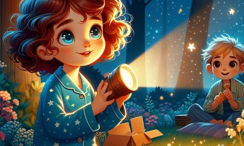 Uma menina de 12 anos, Clara, está no centro do palco, com cabelos castanhos cacheados e olhos brilhantes de curiosidade. Ela usa um pijama azul com estrelas brancas e segura uma pequena lanterna acesa, iluminando seu rosto com uma suave luz dourada. Sua expressão é uma mistura de determinação e encantamento enquanto explora seu ambiente. Ao lado dela está Lucas, seu irmão de 8 anos, com cabelos loiros bagunçados e um sorriso travesso. Ele está sentado no chão, cercado por cobertores, olhando as estrelas através de um telescópio de papelão, maravilhado com a beleza do céu noturno. O cenário é um jardim tranquilo, banhado pela luz da lua, com árvores majestosas projetando sombras suaves sobre a grama. Flores coloridas bordam o caminho, e vaga-lumes dançam ao redor, adicionando um toque mágico à noite. A cena principal mostra Clara, segurando sua lanterna, olhando maravilhada para as estrelas cintilantes, enquanto Lucas, ao seu lado, compartilha sua alegria e entusiasmo, transformando o medo do escuro em uma aventura cheia de descobertas.