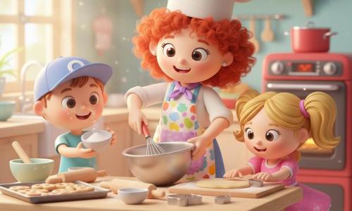 A smiling, warm female chef with bouncy curly red hair, a soft white fabric toque and a colorful flour-stained apron whisking batter in a large metal bowl; Timmy, about 7, in a blue cap with big brown eyes, sprinkling flour from a small bowl so it forms a cloud around his nose to the chef’s left; Lily, about 6, with blonde pigtails in a twirly pink dress using a heart-shaped cookie cutter on rolled dough to the chef’s right; bright, colorful kitchen with a light wood table strewn with bowls, a rolling pin and cookie sheet, an open red oven, warm sunbeams through a window and simple patterned tiles; joyful cookie-baking moment with a little flour in the air, soft mood, vivid colors and plastic-and-fabric textures for a 3D figurine effect.