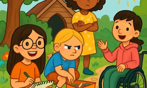 Er zijn 4 kinderen: - Noor: een 9-jarig meisje met lang bruin haar en ronde bril. Ze zit op het gras met een schetsboek en een potlood, met een grote glimlach op haar gezicht. - Samira: een 9-jarig meisje met krullend haar en een gele jurk met stippen. Ze staat iets achteraf met een verdrietige uitdrukking en haar armen over elkaar. - Lotte: een 9-jarig meisje met gevlochten blond haar en een blauwe t-shirt. Ze hurkt bij een doos met materialen, boos kijkend naar Samira. - Kim: een 9-jarig meisje met kort haar en een roze hoodie. Ze zit in haar rolstoel, glimlachend, terwijl ze probeert de situatie te kalmeren met een vriendelijke gebaar. De situatie speelt zich af in een hoek van de schooltuin, vol met kleurrijke bloemen en grote bomen. Er is een klein houten bankje en decoratieve steentjes rond hun geheime clubhuis, verborgen achter groene struiken. De hoofdscène toont de vier vriendinnen die met elkaar praten. Noor tekent vrolijk, maar Samira lijkt verdrietig en Lotte is boos over de situatie. Kim probeert de spanningen te verlichten met een warme glimlach, terwijl de zon boven hen schijnt en een zachte, vriendelijke sfeer creëert.