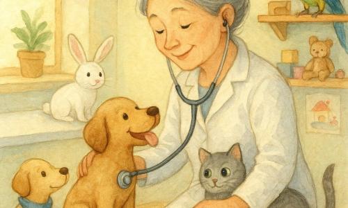 Dona Clara, médica sorridente de cabelos grisalhos presos em coque e bata branca, ausculta com estetoscópio um cão claro chamado Max sentado abanando o rabo; o coelho branco Tico pula sobre a mesa de exame, a gata cinza Mimi ronrona no colo, o papagaio colorido Paco empoleirado na prateleira observa e o cão Bebé com lenço azul espera sentado à esquerda; a clínica é luminosa e acolhedora, paredes em tons pastéis, estante de madeira com brinquedos e desenhos, grande janela com luz suave e plantas, exame realizado com gestos calmos e ternos numa atmosfera serena com aspecto aquarela.