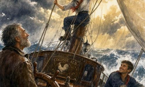 Elena, tânără curajoasă de ~19 ani, cu față hotărâtă, ochi strălucitori și păr brun bătut de vânt, în costum simplu de marinar cu batic roșu, cățărată în vârful catargului, o mână pe funie udă și cealaltă reglând o pânză mare crem; Horea, bărbat în jur de 65 de ani, cu barbă câruntă și piele aspră, în geacă de piele uzată, în pupa la cârmă, privind-o cu respect și ușurare; Matei, în jur de 25 de ani, păr scurt și zâmbet sincer, agățat de balustradă la tribord, ținând cordajele; puntea navei „Cocoșul Alb” lucind de ploaie, corzi groase și role metalice, mare agitată cu valuri spumoase și nori negri de furtună scăpați de raze aurii; moment dramatic în care Elena potolește furtuna reglând pânza, stropi de apă și vânt care întinde vela, atmosferă de acțiune și speranță după furtună.
