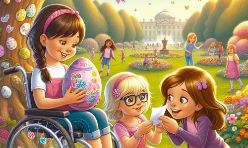 Drie vriendinnen, Mila, Emma en Noor, staan in een zonnig park, omringd door kleurrijke bloemen en groene bomen. Mila, een 10-jarig meisje, zit in een mooie rolstoel versierd met stickers, met bruin haar en een bril. Ze glimlacht terwijl ze een gekleurd paasei vasthoudt. Rechts van haar kijkt Emma, een 9-jarig meisje met blonde vlechten in een roze jurk, opgewonden naar het mysterieuze ei dat ze zojuist heeft ontdekt. Links is Noor, een 10-jarig meisje met kastanjebruin haar en een bril, die zich vooroverbuigt om een klein papiertje te bekijken dat ze in het ei heeft gevonden. Het park is gevuld met stralende bloemen, flonkerende vlinders en een groot groen grasveld waar kinderen spelen. Op de achtergrond staat een grote oude boom, het symbool van het park, met uitgestrekte takken en een zachte gouden lichtstraal die door de bladeren filtert. De hoofdscène toont de drie vriendinnen die een mysterieus paasei ontdekken met een geheim bericht erin, wat hen meeneemt op een magisch avontuur vol verrassingen en mysteries om op te lossen.
