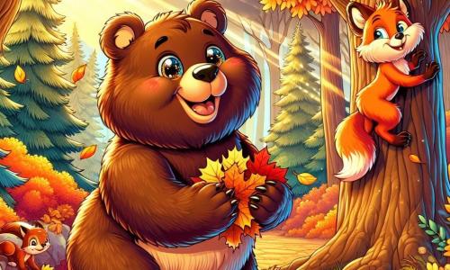Un grande orso bruno, dal pelo setoso e dagli occhi scintillanti di curiosità, si trova al centro di una foresta autunnale. Sorride gioiosamente, con le guance leggermente arrossate dall'eccitazione, mentre raccoglie foglie dorate che cadono dagli alberi maestosi intorno a lui. Alla sua destra, una volpe rossa dal pelo splendente, con occhi maliziosi e un'aria vivace, lo osserva saltellando, pronta ad aiutarlo nella sua ricerca di tesori autunnali. Più lontano, un piccolo scoiattolo dalle grandi orecchie e dalla coda folta scala agilmente un albero, tenendo una nocciola tra le zampe, mentre guarda i due amici con un sorriso complice. Il paesaggio è una foresta vibrante, con alberi adornati di foglie infuocate in tonalità di rosso, arancione e oro, e il terreno coperto da un tappeto di foglie croccanti. La luce del sole filtra attraverso i rami, creando riflessi dorati che illuminano la scena. L'orso e la volpe stanno preparando una festa autunnale, raccogliendo foglie colorate e frutti per celebrare la bellezza della stagione, ridendo e condividendo storie gioiose.
