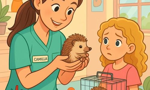 Una giovane veterinaria, Camilla, è al centro dell'immagine. Ha circa trent'anni, lunghi capelli castani raccolti in una coda di cavallo, un sorriso caloroso e occhi pieni di compassione. Indossa un camice verde acqua con tasche piene di strumenti colorati. Tiene delicatamente un piccolo riccio africano, Zucchero, nelle mani, guardandolo con tenerezza. Accanto a lei, una ragazzina di circa 10 anni, con capelli biondi ricci e un vestito rosa, osserva con curiosità, tenendo una piccola gabbietta in ferro battuto da cui emerge un riccio dagli occhi brillanti. La ragazza appare preoccupata ma piena di speranza, in attesa dei consigli di Camilla. La scena si svolge in una clinica veterinaria luminosa e accogliente, con muri dipinti di colori pastello, poster di animali sorridenti e giocattoli sparsi sul pavimento. Piante verdi aggiungono un tocco di natura, mentre una finestra lascia entrare la luce del sole. Camilla esamina attentamente Zucchero, parlandogli dolcemente, mentre la giovane ascolta con attenzione, impaziente di sapere come aiutare il suo piccolo amico spinoso. L'atmosfera è dolce e rassicurante, piena di amore e benevolenza per gli animali.
