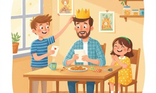Ci sono 3 personaggi: Tommaso, bambino di 8 anni, capelli castani a ciuffo, maglietta a righe blu e pantaloni beige, a sinistra del tavolo tiene una lettera piegata e con l’altra mano posa una corona di carta sulla testa del padre; Nora, bambina di 8 anni, capelli castani legati con un elastico verde, vestito giallo a pois bianchi, a destra del tavolo sorride e applaude, davanti a lei un pacchetto di carta colorata e delle forbici; il padre, uomo di 35–40 anni, barba corta e capelli castani, camicia a quadri con maniche rimboccate, seduto al centro con una corona di carta gialla storta, tiene la lettera aperta con gli occhi lucidi e un grande sorriso emozionato. Luogo: cucina familiare accogliente con tavolo di legno chiaro, briciole di biscotti, tazza di caffè, piatto di biscotti, sedia di legno, finestra a sinistra con luce mattutina, poster infantili, mensole con barattoli e una piccola pianta. Situazione: sorpresa per la festa del papà, momento intimo e gioioso con i bambini che consegnano la lettera e coronano il padre, espressioni tenere, colori caldi e vivaci (giallo, arancione, blu, verde) e dettagli infantili.