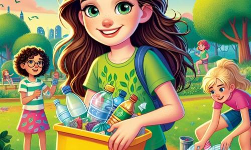 Een 10-jarig meisje, Lotte, met lang bruin haar en nieuwsgierige ogen, glimlacht vrolijk terwijl ze een grote gele vuilnisbak vol recyclebaar afval vasthoudt. Ze draagt een groene t-shirt met een bladerenmotief en een spijkerbroekshort, omringd door haar vrienden. Tom, een 10-jarig jongetje met rommelig blond haar en een bril, staat naast haar en pakt vastberaden een plastic fles op. Emma, een 9-jarig meisje met krullend haar en een kleurrijke jurk, zit iets verderop in een andere vuilnisbak afval te sorteren met een trotse glimlach op haar gezicht. De locatie is een groene park, vol majestueuze bomen, kleurrijke bloemen en een stralende blauwe lucht. Vogels zingen in de takken en kinderen spelen verderop op het gras. De hoofdactie toont Lotte en haar vrienden die enthousiast afval verzamelen en recyclen, terwijl ze genieten van een mooie zonnige dag.