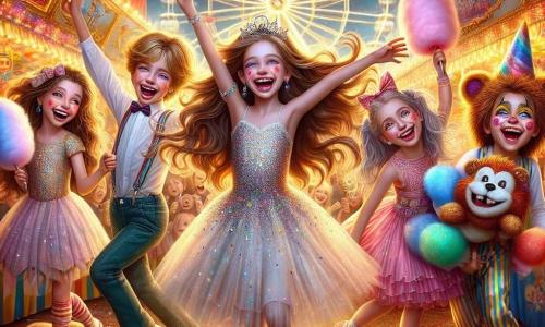 Într-un carnaval colorat, patru prieteni stau în centrul scenei. Sofia, o fetiță de 8 ani cu părul lung și o rochie strălucitoare, zâmbește ridicând brațele spre cer. În dreapta ei, Andrei, un băiat de 9 ani cu părul blond și un costum de clown colorat, face grimase pentru a-i face pe prieteni să râdă. În stânga, Radu, un băiat de 8 ani cu părul castaniu și o mască mare de leu, dansează vesel, arătându-și dinții albi. În final, Mia, o fetiță de 7 ani cu codițe și o rochie roz, ține o mare vată de zahăr, cu ochii strălucind de bucurie. Decorul este plin de baloane multicolore, ghirlande luminoase și standuri de jocuri. În fundal, o roată mare iluminată se învârte încet, adăugând o notă magică atmosferei festive. Cei patru prieteni dansează împreună, râzând și distrându-se, capturând spiritul vesel al carnavalului.