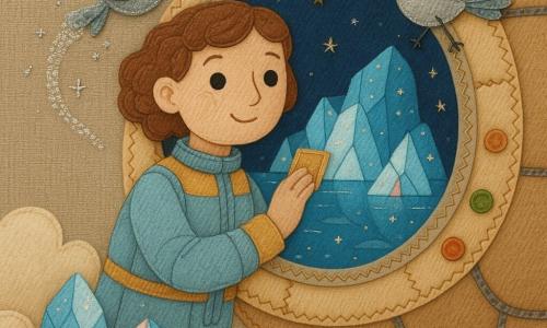 A calm, courageous woman pilot with a soft face, big round eyes, a serene smile and short curly chestnut hair wears a simple pastel blue and mustard-yellow spacesuit, holds a small glowing map and touches the cabin window with one hand; a small silver robot-bird with metallic feathers and one wing raised, sparkling with stardust and leaving a trail of silver glitter, flies before her; the round cabin has textured sewn panels and round felt buttons, large windows reveal a field of luminous icebergs like shards of glass with embroidered stars behind them; she gently guides the ship through a cloud of glowing icebergs that sparkle with blue and pink reflections, the movement calm and the atmosphere warm and reassuring.