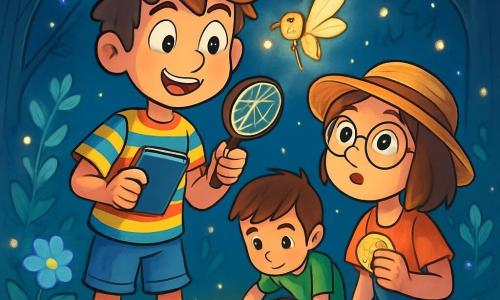 Um garoto de 10 anos, Lucas, com cabelos desgrenhados e olhos cheios de curiosidade, está no centro da cena, com um sorriso maravilhado no rosto. Ele usa uma camisa listrada colorida e um short de jeans, segurando uma lupa em uma mão e um pequeno caderno na outra, pronto para explorar. Ao seu lado, sua melhor amiga Bia, uma menina de 9 anos com um chapéu de palha e óculos redondos, observa atentamente uma pequena criatura dourada que voa ao redor deles. Ela tem um olhar fascinado e segura um biscoito na mão. Um pouco mais adiante, Tomás, um garoto de 10 anos com cabelos castanhos e uma camiseta verde, se agacha para examinar pegadas luminosas no chão, com uma expressão concentrada. O local é uma clareira mágica no coração de um bosque, cercada por árvores de folhas prateadas que brilham sob a luz da lua. Flores luminescentes de cores vivas crescem ao redor deles, e vaga-lumes dançam no ar, criando uma atmosfera encantada. A situação principal mostra Lucas, Bia e Tomás descobrindo uma pequena criatura dourada presa em uma teia brilhante, enquanto luzes cintilantes flutuam ao seu redor, revelando um mistério a ser resolvido.