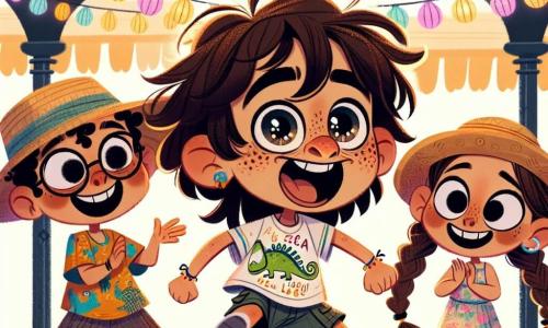 Um menino de 8 anos, chamado Pedro, com cabelos castanhos bagunçados e olhos cheios de curiosidade, dança alegremente em um palco ao ar livre, um grande sorriso iluminando seu rosto. Ele usa uma camiseta colorida com desenhos de dinossauros e um short curto, enquanto faz passos de dança divertidos, cercado por lanternas coloridas que brilham ao seu redor. Ao seu lado, Ana, uma menina de 7 anos com longos cabelos loiros trançados, aplaude entusiasticamente, seus olhos brilhando de alegria. Ela veste um vestido leve com flores e dança no ritmo de Pedro, aumentando a energia da cena. Miguel, um garoto de 8 anos com cabelos negros e óculos redondos, está um pouco afastado, rindo e filmando o momento com seu celular, enquanto Sofia, uma menina de 7 anos com cabelos cacheados e um chapéu colorido, faz gestos exagerados para imitar um camaleão, provocando ainda mais risadas. O cenário é uma festa tradicional egípcia, com tendas decoradas com padrões árabes, almofadas coloridas espalhadas pelo chão e mesas cheias de pratos deliciosos. Músicos tocam músicas animadas, e pessoas dançam alegremente ao redor, criando uma atmosfera festiva e acolhedora. A situação principal mostra Pedro e seus amigos participando de um desafio de dança no palco, cercados de risos e aplausos, celebrando a amizade e a cultura em um ambiente mágico e colorido.