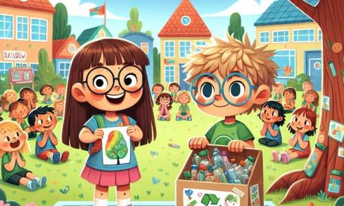 There are two main characters: Mia, a seven-year-old girl with long brown hair and round glasses, smiling as she holds a colorful sign about recycling. Next to her is Jack, a seven-year-old boy with messy blonde hair and a green t-shirt, proudly showing a decorated cardboard box about protecting the planet. They stand under a large oak tree in the courtyard of the school, surrounded by curious classmates who listen attentively. The setting is the courtyard of Rainbow Elementary, filled with bright colors: vibrant flowers, wooden play equipment, and children's drawings hanging on the walls. The sky is blue and sunny, creating a joyful and welcoming atmosphere. The main scene shows Mia and Jack presenting their recycling project at the school project fair, with amazed classmates applauding and smiling judges listening attentively, all gathered to celebrate their creativity and teamwork.