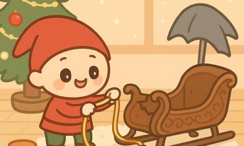 Schnurri, ein kleiner Weihnachtskobold mit roter Mütze, rundem Gesicht, großen Augen und schelmischem Lächeln, spannt konzentriert eine glänzend goldene Schnur, um die Riemen eines alten, braun lackierten Holzschlittens zu reparieren; der Schlitten wirkt erleichtert und steht neben einem flauschigen Teppich, während ein gebogener, bläulich-grauer alter Regenschirm in der Ecke seine Hand reicht, als hätte er die Schnur übergeben. Die Szene spielt an einem warmen Weihnachtsabend im Wohnzimmer mit hellem Holzboden, geschmücktem Tannenbaum (rote Kugeln, Girlanden), sanfter Lichterkette, geöffneter Keksdose auf dem Couchtisch und Schneeflocken am Fenster; Stimmung: magische Reparatur, warme, helle Farben (Rot, Gold, Braun) mit Schneewittakzenten, zentrierte Komposition, einfache Linien, runde Formen, weiche Schatten, minimalistischer Kawaii-Stil.