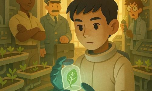 A 12-year-old boy—slim, short black hair, focused gentle face, curious slightly worried look—carefully holds a small glass vial containing a green leaf with silvery veins; he wears a lightweight spacesuit and sterile gloves, leaning toward the plant. Behind him a traffic chief woman—brown skin, hair in a bun, firm but attentive expression—stands with arms crossed near a control panel observing. Near the entrance a captain—adult man with a round face, thin mustache and reassuring yet serious smile—holds a sealed case ready to act. A young adult technician—messy hair, glasses, surprised expression—handles a small transmitter slightly back by a decorated panel. The setting is a cylindrical glass botanical bay in an orbital tower with golden filtered light, rows of floating plants on magnetic trays, silver pipes and screens, and a small pool of glowing algae. The moment is one of gentle tension—the leaf in the vial emits a faint halo and pulsing pattern, a digital wall clock shows a jump in seconds, controllers in the background watch screens showing vessel trajectories; the mood is scientific and mysterious, warm colors (gold, green, silver) and high-contrast cut-paper textures. Visual style: simple layered shapes, visible cut-paper edges, soft paper shadows, limited bright palette.