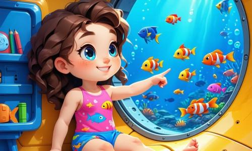 There are two main characters: Mia, a 7-year-old girl with curly brown hair, wearing a pink swimsuit with fish patterns, sitting in the submarine and gazing in awe out the window; and Leo, a 7-year-old boy with sparkling blue eyes and blond hair, dressed in a blue swimsuit, next to Mia, pointing at a school of colorful fish swimming outside. The setting is underwater, where rays of light filter through the crystal-clear water, illuminating a vibrant coral garden in shades of pink and purple. Brightly colored fish swim around, and seaweed gently sways in the current. In the background, an old shipwreck covered in corals and shells is visible. The main scene shows Mia and Leo in their yellow and blue submarine, marveling at the beauty of the fish dancing around them, experiencing a magical adventure discovering the wonders of the underwater world.