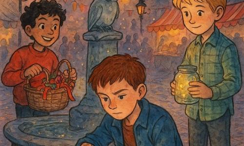 There are three boys: Milo — about 10, serious-faced with freckles and short chestnut hair, wearing a slightly worn blue jacket, kneeling by the foreground fountain carefully repairing a loose small stone with a piece of string; Felix — about 9, tousled black curls and a mischievous grin, in a bright red sweater, standing left of Milo holding a basket of ribbons and lanterns and looking toward the crowd; Jamie — about 11, fine blond hair and a gentle attentive expression, in a green plaid shirt, standing right of Milo holding a small jar of glowing fireflies and watching the repaired stone. They are in an old cobbled square at dusk with three carved stone fountains (wolves, owls, sleeping fox), wrought-iron lampposts strung with colored lanterns, pastry stalls with cinnamon smoke, fluttering flags and gold-and-pink reflections on wet cobbles. The boys are protecting the festival: Milo fixes the moving fountain stone while Felix tends the lanterns and Jamie watches the fireflies; the scene is soft and magical with textured colored-ink feel, warm lantern light and tiny sparkling water glints around the sculptures.