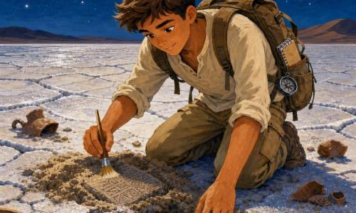 A young man, Leo, about 20, with a determined, awed expression and bright eyes, short chestnut hair and slightly tanned skin, kneels brushing sand to reveal an engraved stone while reaching toward a small hole where clear water trickles; no other humans are present; the scene is a salt flat under a thin crescent moon with pearly white hexagonal cracked ground and shimmering silver salt sheets, dark sand dunes and distant silhouettes in the background beneath a deep starry sky; scattered ancient pottery shards lie around and the moon reflects in the water, conveying a gentle surprise and peaceful mystery.