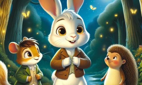 Toby, un pequeño conejo blanco con manchas marrones, se encuentra valientemente en el centro de la imagen, con sus grandes orejas erguidas y sus ojos brillantes de emoción y determinación. Respira profundamente, listo para enfrentar la noche. A su derecha, Susi, una pequeña ardilla dorada con una cola esponjosa, lo mira con una sonrisa alentadora, sus ojos chispeando de alegría. A la izquierda, Pipo, un erizo con púas suaves y una expresión amigable, está listo para apoyar a su amigo.

El escenario es un claro encantado en un bosque, bañado por la suave luz de la luna, rodeado de majestuosos árboles con hojas brillantes. Luciérnagas bailan a su alrededor, iluminando el paisaje con un brillo mágico.

La situación principal muestra a Toby, Susi y Pipo reunidos, listos para explorar la noche juntos, mientras Toby supera su miedo a la oscuridad, rodeado de sus amigos que le brindan consuelo y luz.