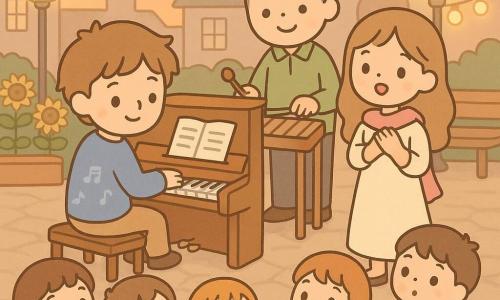 A gentle smiling adult man with tousled light brown hair in a small blue sweater with note motifs sits at a glossy wooden piano with his hands on the white keys, looking tenderly focused; beside the piano to the right stands Lila, a ~25-year-old singer in a light cream dress and pink scarf, singing softly with one hand on her heart and a warm expression; slightly back left, Mr. Jun, ~40, tall in a green shirt, taps a small wooden marimba with a small wooden mallet, sharing a knowing smile; several children (boys and girls, 4–8) sit on cushions front stage in colorful pajamas clutching stuffed animals, eyes wide with wonder. Setting: a small village square at dusk with simple cobbles, warm round lampposts, string lights, sunflowers and benches; intimate outdoor concert where piano, marimba and voice answer each other, calm luminous atmosphere, pastel colors, soft contrasts, rounded shapes, minimal kawaii graphic style with flat textures, very light shadows and focus on gentle expressions and musical details (keyboard, mallet, sheet music).