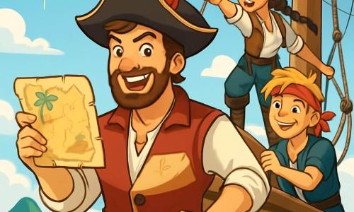 Captain Thorne stands proudly on the deck of his ship, his face illuminated by a determined glow. He has tousled brown hair, a well-groomed beard, and wears a black tricorn hat adorned with a red feather. His sharp gaze is full of boldness as he brandishes a treasure map, his smile revealing bright teeth. Beside him, Nia, a daring 16-year-old navigator, scans the horizon from the ship's mast. She has long braided black hair, piercing eyes, and wears a white shirt with a leather vest. She points to a mysterious island in the distance, her expression focused and excited. Nearby, Jett, a 14-year-old agile and mischievous boy, busily prepares the sails. He has messy blond hair, a red bandana on his head, and a cheeky grin. The scene takes place on the deck of the Sea Serpent, sailing on a sparkling turquoise sea, surrounded by white waves and a bright blue sky. The sun shines high, illuminating the ship's wood and making the details of the treasure map sparkle. The main situation shows Captain Thorne, determined and enthusiastic, revealing the treasure map to his crew as they prepare to sail towards a mysterious island, promising adventures and discoveries.