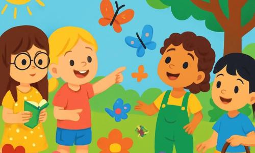 Há 4 crianças: - Luna: uma menina de 6 anos, com cabelos longos e castanhos e óculos redondos. Ela usa um vestido amarelo com bolinhas e segura um caderno nas mãos. - Sofia: uma menina de 5 anos, com cabelos loiros trançados e um sorriso radiante. Ela está vestida com uma camiseta rosa e um shorts de jeans, apontando para o parquinho. - Maria: uma menina de 6 anos, com cabelos cacheados castanhos e olhos brilhantes. Ela usa um macacão verde e observa as borboletas ao seu redor. - Júlia: uma menina de 5 anos, com cabelos lisos e pretos presos em um rabo de cavalo. Ela está vestida com uma blusa azul e uma saia florida, segurando uma cesta para colher frutas. As crianças estão em um jardim colorido, cheio de flores vibrantes, grandes árvores verdes e um parquinho de madeira com balanços e um escorregador. O sol brilha em um céu azul claro, e borboletas dançam ao redor das flores. A cena principal mostra as quatro amigas explorando o jardim, maravilhadas com as borboletas e as flores, prontas para viver uma aventura de verão cheia de risadas e descobertas.