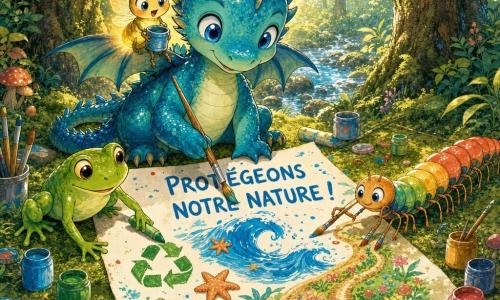 Mic dragon (personaj principal): tânăr și rotund, solzi strălucitori bleu-turcoaz, ochi mari bleu deschis, expresie curioasă și veselă, așezat în fața unei foi mari albe, ținând o pensulă și pictând valuri și stele de mare. Licurici (personaj secundar): mic, galben-oranj, lumină blândă în jur, pe umărul dragonului, ține un mini-borcănel de vopsea și privește desenul cu uimire. Broscuță (personaj secundar): broască verde strălucitoare cu ochi mari și ștrengari, îngenuncheată la stânga, trasează cu cretă verde simbolul reciclării pe afiș. Miriapod (personaj secundar): miriapod lung și colorat, picioare subțiri ca pensulele, la dreapta grupului, pictând poteci înflorite în partea de jos a afișului. Loc: poiană de pădure luxuriantă cu covor de mușchi, trunchiuri înalte cu scoarță texturată, raze de soare aurii și un pârâu sclipitor în fundal. Situație: atelier în aer liber în care animalele creează un mare afiș despre protecția naturii, paletă vie (bleu, verde, galben, corai), unelte împrăștiate (pensule, borcane, crete), compoziție caldă și centrată, stil cerneală/acuarelă colorată cu contururi moi și detalii copilărești.