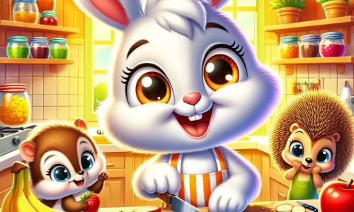 A young rabbit named Benny, with soft fluffy white fur and large expressive ears, stands in his messy kitchen, wearing a big joyful smile and sparkling excited eyes. He has on a small striped apron and a chef's hat. Next to him, Lila the little squirrel, with brown fur and bright eyes, is cutting colorful fruits, sharing a conspiratorial smile. Max the hedgehog, with his golden spikes and focused expression, holds a banana, ready to add it to the salad while laughing. The kitchen is filled with light, featuring yellow walls and shelves stocked with jars of jam and fresh fruits. On the table, a large bowl of colorful fruits, including red apples, yellow bananas, and juicy strawberries, shines in the sunlight. The main scene shows Benny and his friends preparing a Father's Day surprise, surrounded by laughter and good cheer as they create a delicious fruit salad to celebrate love and friendship.