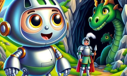 Bobo, un mic robot din metal strălucitor cu ochi luminoși și un zâmbet vesel, stă cu curaj în fața unei peșteri întunecate, pregătit să înfrunte un dragon. Are un corp rotunjit și brațe articulate, părând hotărât și entuziast. Lângă el, un cavaler în armură strălucitoare, cu un coif împodobit cu pene colorate, îl privește cu admirație pe Bobo, fața sa exprimând atât curiozitate, cât și respect. În umbra peșterii, un dragon măreț cu solzi verzi și ochi aurii observă scena, având o expresie intrigată și ușor timidă, ca și cum s-ar întreba ce vor face acești noi prieteni. Locul este o munte abrupt, cu stânci abrupte și copaci dese care înconjoară intrarea peșterii, în timp ce un cer albastru deschis și însorit contrastează cu întunericul din interior. Situația principală arată cum Bobo și cavalerul se pregătesc să intre în peșteră, hotărâți să întâlnească dragonul și să descopere misterele care se ascund acolo.
