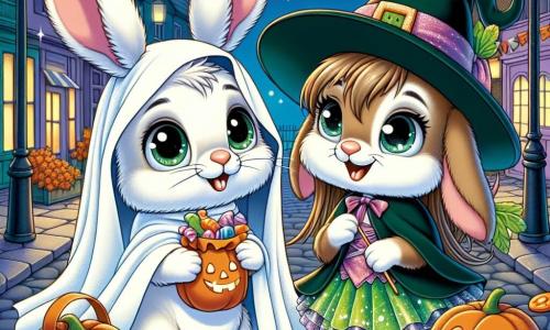 Ilustración que representa a un joven conejo de grandes orejas, con un pelaje suave y blanco, vestido con un simple disfraz de fantasma hecho de una vieja sábana. Tiene una mirada curiosa y una sonrisa maravillada, sosteniendo una bolsa de caramelos coloridos con sus patas delanteras. A su lado, una joven coneja, con pelaje marrón y ojos brillantes, está disfrazada de bruja con un sombrero puntiagudo y un vestido verde brillante. Se ríe alegremente, sosteniendo una varita mágica de plástico, lista para hacer trucos. En el fondo, la escena transcurre en una calle animada de un pequeño pueblo, decorada con linternas naranjas, calabazas sonrientes y guirnaldas de telarañas. Las casas están adornadas con luces centelleantes, creando un ambiente festivo y cálido. La situación principal muestra a los dos conejos explorando la magia de Halloween, maravillados por las decoraciones y los dulces, mientras otros pequeños animales disfrazados bailan y se divierten a su alrededor. Elementos gráficos adicionales incluyen hojas de otoño girando en el aire, estrellas brillantes en el cielo nocturno y sombras suaves proyectadas por las linternas, añadiendo un toque de misterio y alegría a la escena.