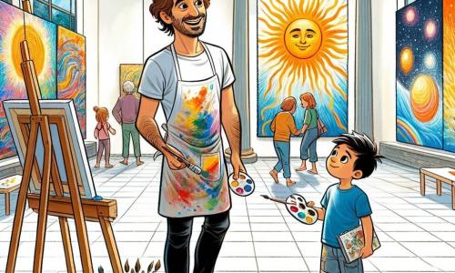 Un bărbat pe nume Andrei, de aproximativ 30 de ani, stă în centrul unei galerii de artă luminoase, înconjurat de picturile sale colorate. Are părul brun ușor ondulat și poartă un sort de pictor stropit cu culori vii. Fața lui exprimă bucurie și mândrie în timp ce admiră o pictură care reprezintă un soare strălucitor. Lângă el, un băiat pe nume Radu, de aproximativ 8 ani, are ochii strălucind de curiozitate. Este îmbrăcat cu un tricou albastru și un șort, ținând în mâini un mic carnet de schițe. Radu îl observă atent pe Andrei, fascinat de procesul creativ al artistului. Galeria este spațioasă, cu pereți albi care pun în valoare operele de artă colorate. Feronier mari lasă să intre lumina soarelui, creând o atmosferă caldă și primitoare. Vizitatorii se deplasează în jurul lor, admirând tablourile agățate pe pereți. Situația principală arată cum Andrei îi explică lui Radu importanța artei, în timp ce pictează o lucrare vibrantă. Culorile strălucitoare ale picturii contrastează cu fundalul alb al galeriei, creând o scenă plină de viață și inspirație.