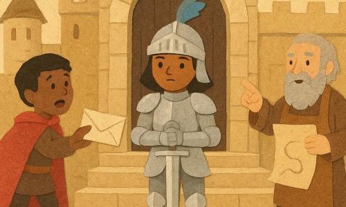 A young female knight, young adult, with a determined and dreamy gaze, wears shiny silvery armor and a helmet with a small blue plume; she holds a sword upright before her like a staff of confidence. To her left, a breathless teenage male messenger with dusty boots and a partly open red cloak offers a parchment envelope. Slightly behind and to the right, an elderly steward, about 60, with a braided gray beard, a brown apron and an unrolled map points the way. The setting is the great gate of a pale stone castle with colorful pennants snapping in the wind, worn steps and round turrets; layered cut-paper textures, simple shadows and geometric shapes. The scene shows the knight poised to depart for a quest, proudly standing on the steps with the others encouraging her; golden dawn atmosphere, warm colors and sharp contrasts, collage style with torn and pasted papers.