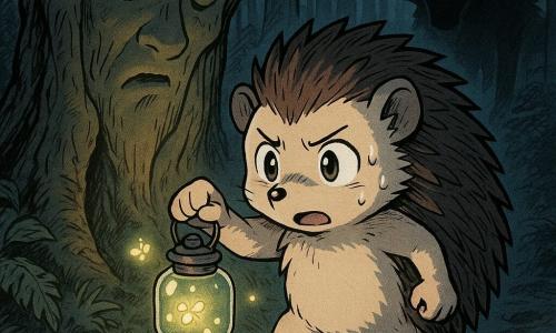 Een kleine antropomorfe egel genaamd Bram met rond gezicht en glanzende ogen, bruine en crèmekleurige stekels en een bezorgde maar dappere uitdrukking houdt een glazen lantaarn met geelgroene vuurvliegjes die zacht licht geven; hij zet voorzichtig een poot op een modderig pad terwijl links een oud hol eikenhout met ruwe schors en een lichtgevend hol als deur beschermend naar hem lijkt te kijken, en rechts, deels verborgen achter stammen, tekent zich de dreigende schaduw van een grote boze wolf af met puntige oren en rood glinsterende ogen; het tafereel speelt zich af in een dicht nachtelijk bos met natte varens, modderige sporen, donkerblauwe en dennengroene tinten, lichte mist bij de grond en halo’s rond de vuurvliegjes, geframed op egelhoogte in een dichtbijbeeld om Bram’s uitdrukking en het suspense te benadrukken.