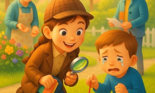 Die Protagonistin ist ein etwa 10-jähriges Mädchen als Detektivin, ausdrucksvolles lächelndes Gesicht, wache Augen, kastanienbraune Zopfhaare, hält in einer Hand eine kleine glänzende Lupe und in der anderen ein buntes Notizbuch, gebückt und neugierig; neben ihr sitzt der etwa 6-jährige Tim, weinend aber erleichtert, hält in der rechten Hand ein abgerissenes rotes Ballonband; hinter ihnen steht Frau Becker (ca. 65) am Blumenbeet, graue Haare zu einem Dutt, Blumen-Schürze, zeigt ein kleines Stück roten Ballons in ihrer Handfläche; ein unbekannter Mann (ca. 35) in bunter Jacke mit Knöpfen steht einige Schritte entfernt lächelnd und hebt ein Papier auf, an seiner Jacke fehlt ein blauer Knopf; Schauplatz ein heller Quartiersgarten mit grüner Rasenfläche, buntem Blumenbeet, niedriger Hecke, weißem Lattenzaun, kleiner gepflasterter Allee und goldenem Morgenlicht; Hauptsituation: das Detektivmädchen untersucht auf dem Gras ausgelegte Hinweise — abgeschnittenes Band, Ballonstück und blauer Knopf — die Personen versammelt, Atmosphäre sanft, neugierig und beruhigend.