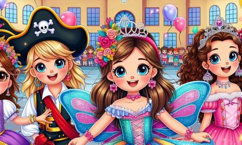 En el centro de la imagen, Ana, una niña de 10 años con largos cabellos castaños y ojos brillantes, lleva un hermoso disfraz de mariposa de colores vivos, con alas brillantes. A su derecha, Carla, otra niña de 10 años, está disfrazada de pirata con un sombrero negro, un pañuelo rojo y una sonrisa traviesa, sosteniendo un mapa del tesoro. A la izquierda, Lucía, una niña de 10 años, viste un vestido de princesa rosa con una corona brillante, mirando con asombro el espectáculo. Finalmente, Sofía, una niña de 10 años con cabello rizado y un vestido de hada mágica, se encuentra detrás de ellas, sosteniendo una varita luminosa y sonriendo alegremente. El escenario es una escuela primaria festiva, decorada con guirnaldas coloridas, globos flotantes y un gran escenario al fondo, donde los niños bailan y se divierten. El cielo es azul y soleado, lo que añade a la atmósfera alegre del carnaval. La situación principal muestra a las cuatro amigas preparándose para su espectáculo de danza, rodeadas de risas y colores, listas para asombrar al público con su actuación mágica.