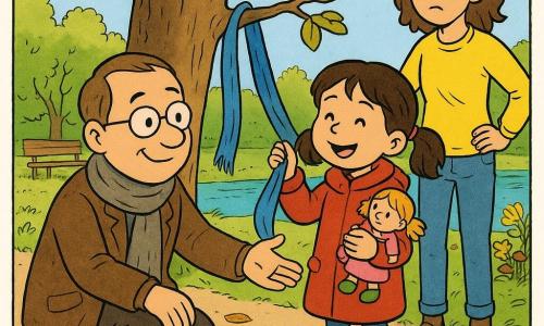 Tomás, hombre de rostro redondo, gafas finas y abrigo marrón algo gastado, se arrodilla sonriendo y tiende la mano a Lucía; Lucía (≈6 años), aliviada y alegre, con coletas, abrigo rojo, botas verdes y su muñeca en un brazo, recupera su larga bufanda azul atrapada en una rama; Carla (≈10 años), chispada y algo preocupada, de pie atrás con suéter amarillo observa la escena; de fondo, un parque con un gran árbol de tronco texturizado, banco, un pequeño lago y flores; momento de reencuentro cálido y seguro, colores vivos y contornos suaves.