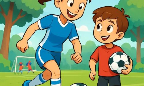 Camila, una joven atlética con cabello castaño recogido en una coleta, lleva un uniforme de fútbol azul y blanco, con zapatillas brillantes. Sonríe ampliamente, llena de determinación y entusiasmo, mientras se prepara para chutar. A su lado, Martín, un niño de nueve años con cabello castaño y ojos brillantes, viste una camiseta roja y pantalones cortos negros. La mira con admiración, sosteniendo un balón de fútbol bajo el brazo, listo para aprender. La escena tiene lugar en un parque verde, con maj árboles al fondo y un campo de fútbol bien cuidado, donde otros niños juegan alegremente. El cielo es azul con algunas nubes blancas, y el ambiente está lleno de risas y energía. Camila y Martín están entrenando juntos, ella le muestra a Martín cómo driblar el balón con agilidad, mientras él intenta reproducir sus movimientos con entusiasmo.
