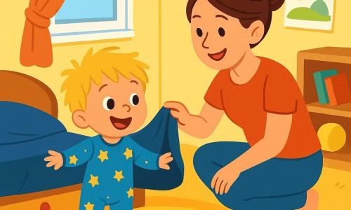 Dwulatek o blond włosach w nieładzie i błyszczących oczach ciekawości stoi w swoim pokoju. Ma na sobie niebieską piżamę w gwiazdki i wielki uśmiech na twarzy, pokazując swoją ekscytację. Szuka swojego pluszowego misia pod łóżkiem. Jego mama, około 30-letnia kobieta z brązowymi włosami związanymi w kok i kolorowym t-shircie, kuca obok niego. Troskliwie się uśmiecha i zachęca go do szukania, kładąc rękę na jego ramieniu. Pokój jest jasny i przytulny, z pastelowo żółtymi ścianami, zabawkami porozrzucanymi po podłodze i dużym, miękkim dywanem. Okno wpuszcza światło słoneczne, rozświetlając pomieszczenie. Sytuacja pokazuje małego chłopca i jego mamę w trakcie poszukiwań zagubionego misia, w otoczeniu zabawek, tworząc radosną i zabawną atmosferę.