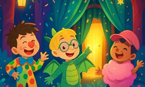 Er zijn 3 personages: - Tim: een 8-jarig jongetje met rommelig bruin haar en een grote glimlach. Hij draagt een kleurrijk clownspak met een rode neus en gigantische schoenen. Hij staat links, lacht en maakt een komische gebaar. - Bram: een 8-jarig jongetje met blond haar en ronde brillen. Hij is verkleed als draak met glanzende groene schubben en papieren vleugels. Hij staat in het midden en toont trots zijn vleugels. - Daan: een 8-jarig jongetje met zwart haar en een roze pet. Hij is verkleed als reusachtige suikerspin, met roze suikerspin en glitters. Hij staat rechts en danst vrolijk. De locatie is een betoverd bos, vol met bomen met veelkleurige stammen en heldere bloemen die stralen als sterren. Lantaarns zweven in de lucht en kleurrijke confetti valt zachtjes rondom de kinderen. De hoofdscène toont de drie vrienden die een mysterieuze deur ontdekken die oplicht achter een gordijn. Ze zijn verwonderd en nieuwsgierig, klaar om de magische wereld van het verborgen Carnaval binnen te gaan, omringd door fantastische wezens en zwevende lekkernijen.