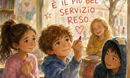 Matteo, ragazzo di 10 anni al centro dal volto dolce e concentrato, capelli castano chiaro spettinati e sorriso timido, scrive con un pennarello sulla grande finestra la frase 