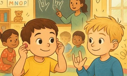 Een illustratieve, warme schoolscène: een gelukkig nieuwsgierig 6‑jarig jongetje met rond gezicht, kort bruin haar, geel t‑shirt en jeans stopt zacht roze oordopjes in zijn oren; naast hem zit Tom, 6, zelfverzekerd en vriendelijk, bleke huid, warrig blond haar, blauw truitje en een zilveren hoortoestel achter zijn rechteroor, die het teken voor 