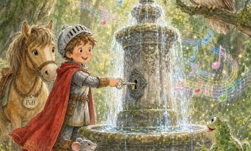 Un giovane cavaliere di circa 8 anni, volto rotondo e sorridente, capelli castani, elmo leggero sulla testa e mantello rosso svolazzante, gira una chiave metallica nella serratura di una grande fontana di pietra con espressione gioiosa e sollevata; il pony Puff con sella semplice è alla sua sinistra, orecchie dritte e sguardo dolce; un grande gufo saggio, piume beige e brune, è posato su un ramo sopra la fontana e osserva fiero; una rana verde lucente in primo piano a destra è in postura di salto; un topolino grigio tiene l'altra chiave vicino ai piedi del cavaliere con occhi maliziosi; la scena si svolge in una radura boscosa con tronchi texturizzati, tappeto di muschio, piccole margheritine gialle e gocce d'acqua che scintillano mentre la fontana, prima silenziosa, comincia a zampillare in filetti luccicanti accompagnati da piccole note musicali colorate in un'atmosfera calda e gioiosa.