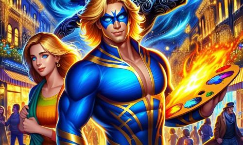 Un supereroe di nome Luminoso, un uomo alto e muscoloso, si trova al centro dell'immagine. Ha capelli biondi brillanti come il sole e occhi blu luminosi. Il suo costume blu e oro scintilla alla luce, e trasmette determinazione e coraggio, pronto a proteggere la sua città. Accanto a lui c'è Sara, una giovane donna di circa 25 anni, con lunghi capelli castani e un sorriso caloroso, che lo incoraggia con entusiasmo. Indossa un camice colorato e tiene una tavolozza di pittura, simboleggiando la sua passione per l'arte. Lo sfondo è il centro commerciale di Stellavia, un luogo vivace con negozi colorati, luci scintillanti e persone indaffarate. Luminoso affronta una creatura minacciosa fatta di ombre e fiamme, mentre Sara, sullo sfondo, osserva con espressione di preoccupazione ma anche di orgoglio, pronta a sostenere il suo amico. La tensione è palpabile, illustrando la lotta tra luce e oscurità.