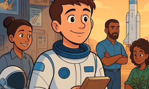 Un uomo di nome Luca, astronauta giovane e sorridente, espressione di speranza e concentrazione, capelli castani corti, tuta spaziale bianca con dettagli blu, tiene un piccolo taccuino consumato nella mano destra e guarda una capsula spaziale brillante sullo sfondo; a sinistra Mara, ingegnera sui 30–35 anni con capelli raccolti in uno chignon e camice grigia, sorride incoraggiante tenendo un casco vicino a un pannello di controllo; dietro a destra Nina, biologa ventenne con capelli ricci, porta un borsa con piante in vaso e osserva gli strumenti; Tariq, pilota sulla trentina con barba leggera, braccia incrociate, osserva la capsula dal fondo del grande hangar luminoso con pavimento metallico lucido e tracce d'olio, pareti decorate con schizzi di missione e poster colorati, luce dell'alba arancione che entra da ampie porte aperte verso la rampa di lancio; scena di pre-lancio carica di emozione e preparazione, atmosfera calda e professionale, composizione dinamica con i personaggi disposti a triangolo attorno alla capsula brillante.