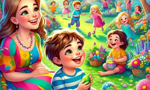 Un bambino di 4 anni, Matteo, con grandi occhi brillanti e un sorriso radioso, è seduto per terra in un giardino colorato, circondato da fiori vivaci e alberi in fiore. Tiene un uovo di Pasqua verde tra le mani, il suo viso risplende di gioia ed eccitazione. Accanto a lui, l'insegnante Anna, una donna di circa trent'anni con capelli castani e occhiali, sorride guardando i bambini giocare. Indossa un vestito colorato e tiene un cesto pieno di uova di Pasqua. Sullo sfondo, un gruppo di bambini, tutti tra i 4 e i 5 anni, corre allegramente nel giardino, cercando uova nascoste tra i cespugli e i fiori. Il giardino è illuminato, con raggi di sole che filtrano tra le foglie, creando un'atmosfera magica e festosa. La scena principale mostra Matteo, meravigliato, che scopre un uovo colorato, mentre i suoi amici ridono e si divertono intorno a lui, celebrando la gioia della Pasqua.